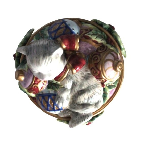 Fitz and Floyd Kristmas Kitty Lidded Box Candy Bowl Trinket Box Christmas - Picture 4 of 7